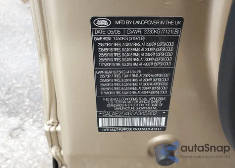 2005 Land Rover Lr3 Se z USA, uszkodzony, nr VIN SALAE25465A345802